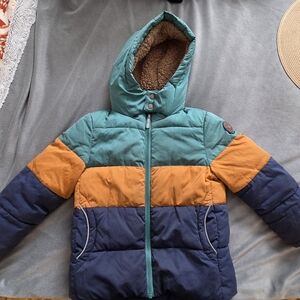 Fat Face Kids Puffer Jacket - Teal, Orange, and Navy